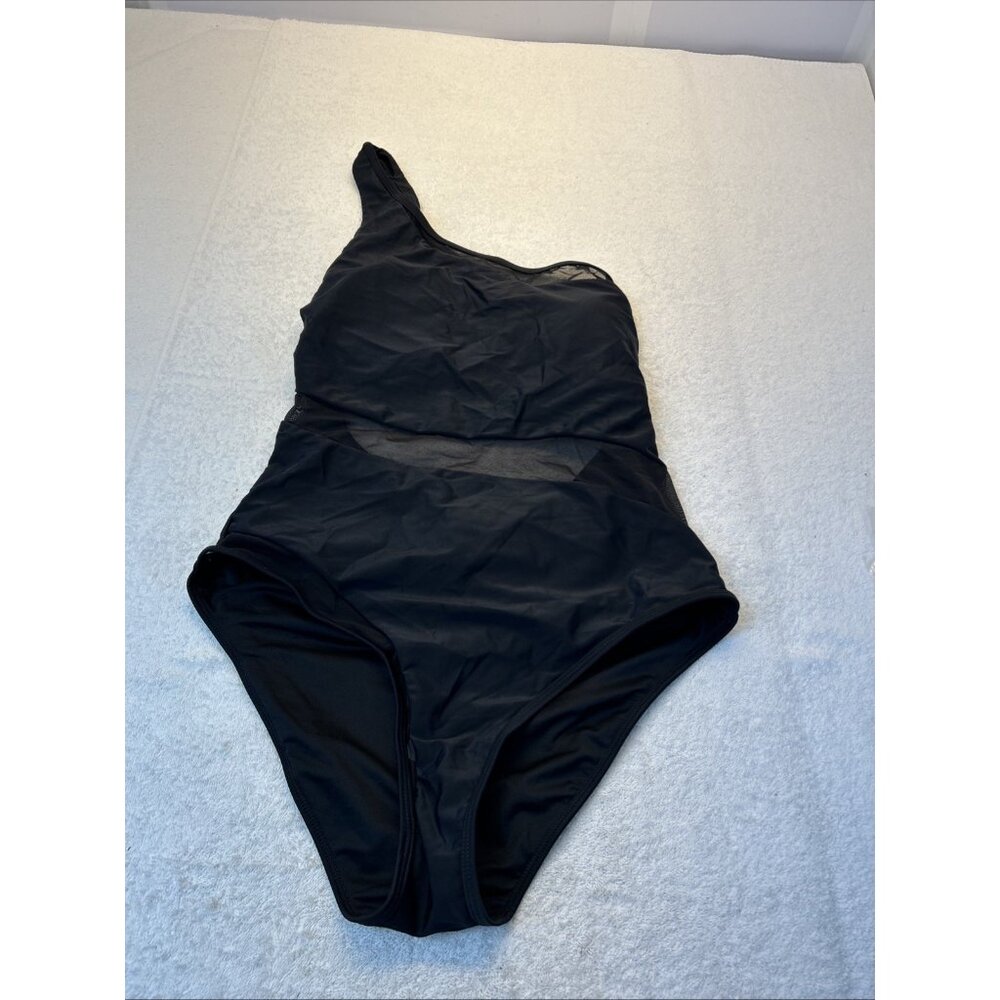 Cupshe Black One Shoulder One Piece Swimsuit 3 Sheer Areas New w/Tags SZ L